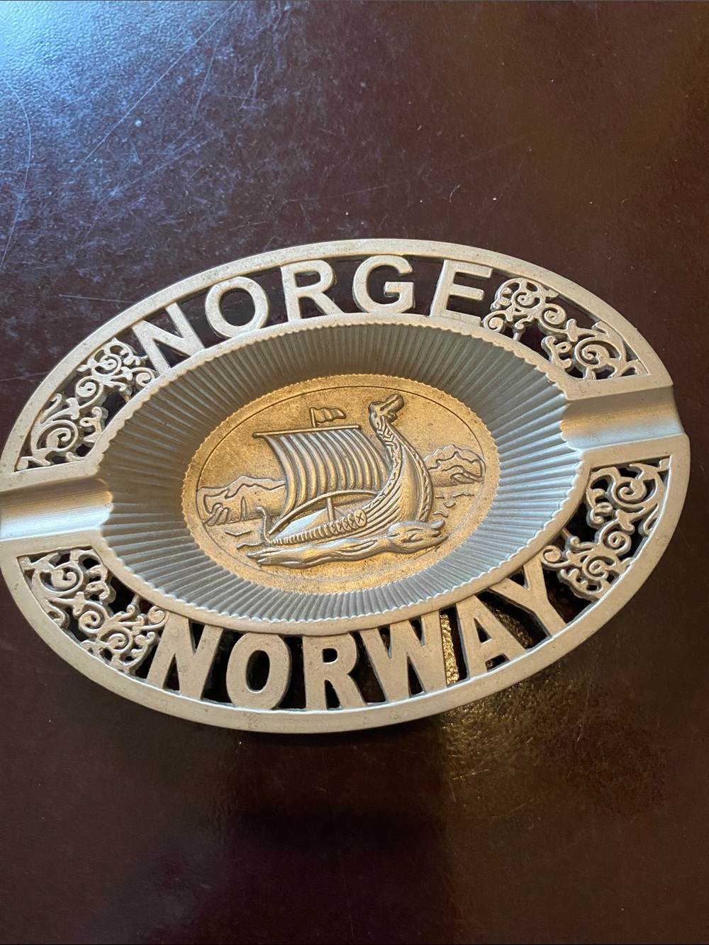 Vintage Norge Norway Decorative Ashtray - Gold Tone Viking Design